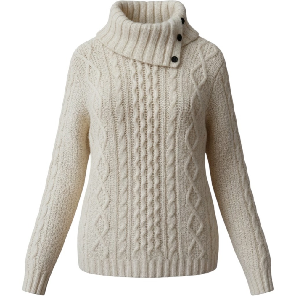 Gap Women Wool Camel Hair Blend Sweater M Cream Cable Knit Button Turtleneck